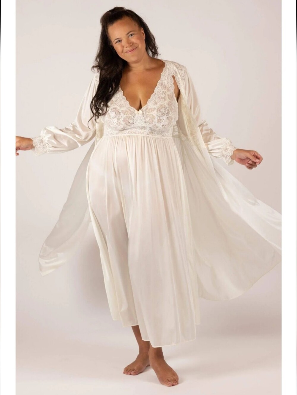 Shadowline Gown Peignoir Robe Set Lace Ivory Cream Flowy Romantic Womens Size 2X